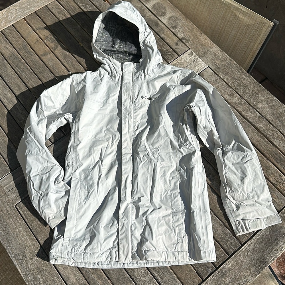 COLUMBIA Silver Gray Waterproof Hooded Jacket Kids M EUC - Picture 1 of 16